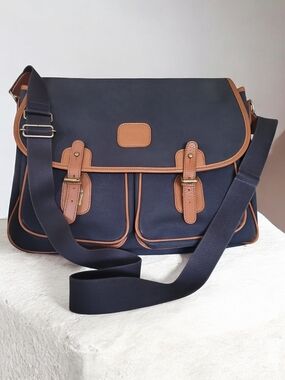 Vintage Burberry Canvas Leather Messenger Bag Navy